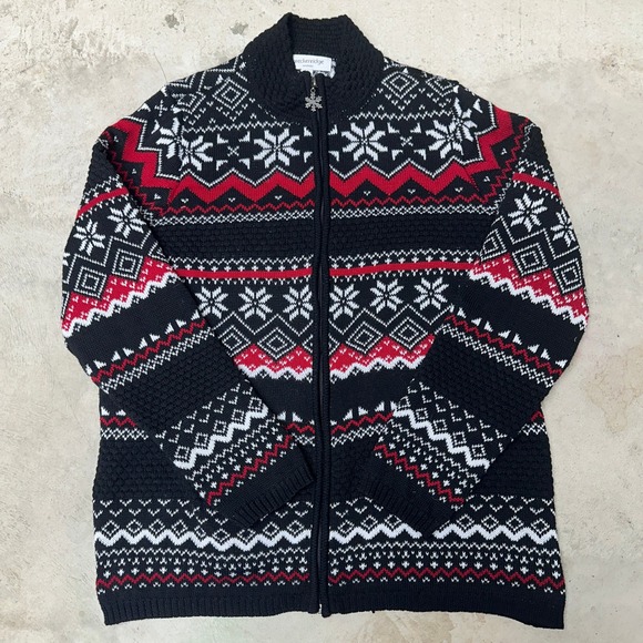 Breckenridge Woman 1X Fair Isle Snowflake Zip Up Cardigan Sweater 100% Cotton - Picture 1 of 8